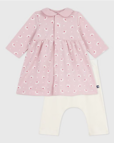 Little Heart Flower Print Long Sleeve Collared Dress + Legging Set in Pink + White