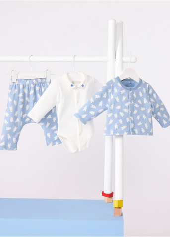 Polar Bear Print Cardigan, Pant + Bodysuit 3 Piece Set in Blue + White