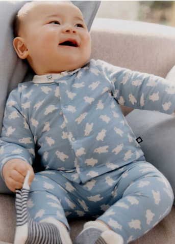 Polar Bear Print Cardigan, Pant + Bodysuit 3 Piece Set in Blue + White