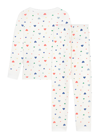 Scattered Hearts Print Long Sleeve Top + Pants Pajamas in White, Red + Blue