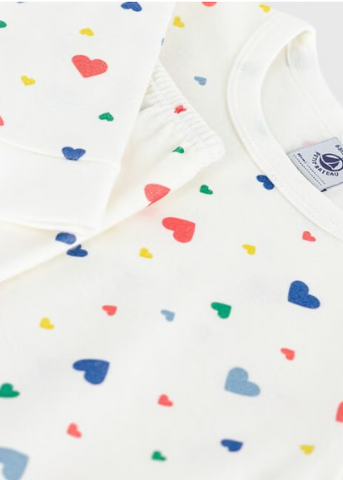 Scattered Hearts Print Long Sleeve Top + Pants Pajamas in White, Red + Blue