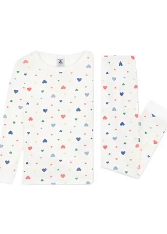 Scattered Hearts Print Long Sleeve Top + Pants Pajamas in White, Red + Blue