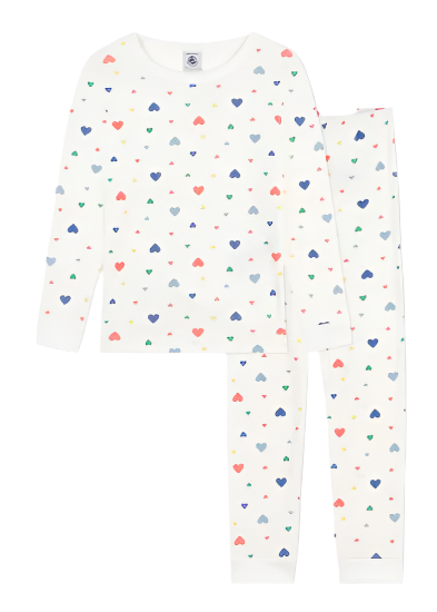 Scattered Hearts Print Long Sleeve Top + Pants Pajamas in White, Red + Blue