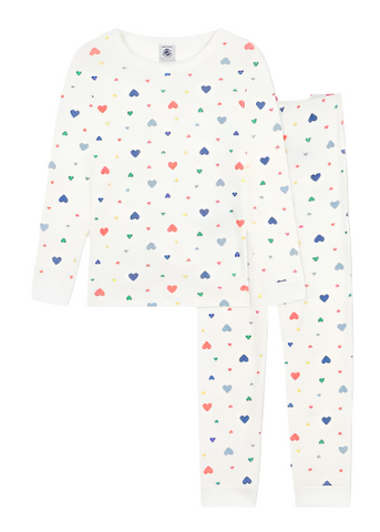 Scattered Hearts Print Long Sleeve Top + Pants Pajamas in White, Red + Blue