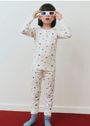 Scattered Hearts Print Long Sleeve Top + Pants Pajamas in White, Red + Blue