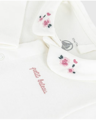 Embroidered Long Sleeve Cotton Bodysuit in White + Pink