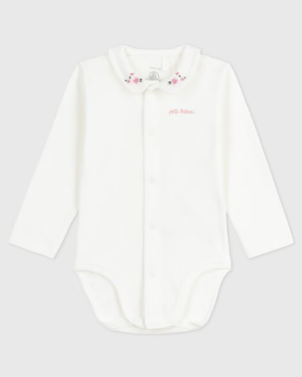 Embroidered Long Sleeve Cotton Bodysuit in White + Pink