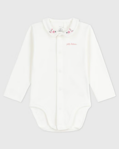 Embroidered Long Sleeve Cotton Bodysuit in White + Pink