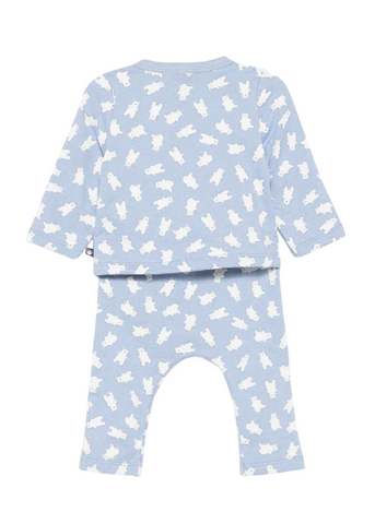 Polar Bear Print Cardigan, Pant + Bodysuit 3 Piece Set in Blue + White