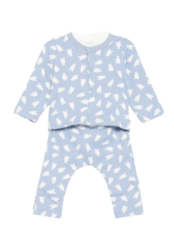 Polar Bear Print Cardigan, Pant + Bodysuit 3 Piece Set in Blue + White