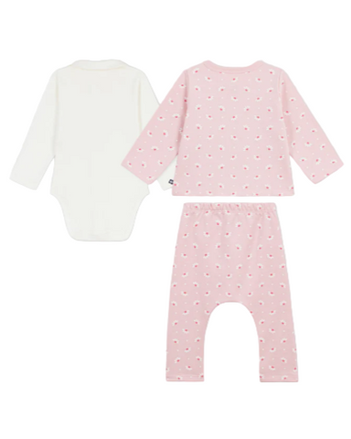 Little Heart Flowers Printed Cardigan, Pant + Bodysuit 3 Piece Set in Pink + White