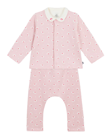 Little Heart Flowers Printed Cardigan, Pant + Bodysuit 3 Piece Set in Pink + White