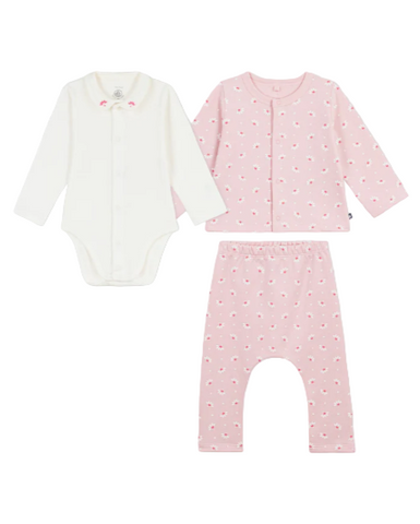 Little Heart Flowers Printed Cardigan, Pant + Bodysuit 3 Piece Set in Pink + White