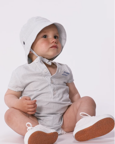 Short Sleeve Seersucker Stripe Romper in White + Blue