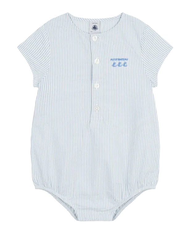 Short Sleeve Seersucker Stripe Romper in White + Blue