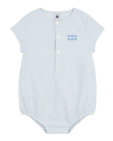 Short Sleeve Seersucker Stripe Romper in White + Blue