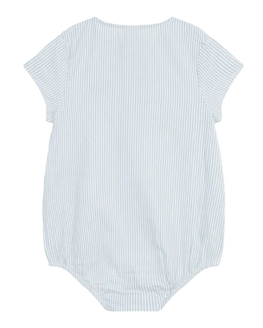 Short Sleeve Seersucker Stripe Romper in White + Blue