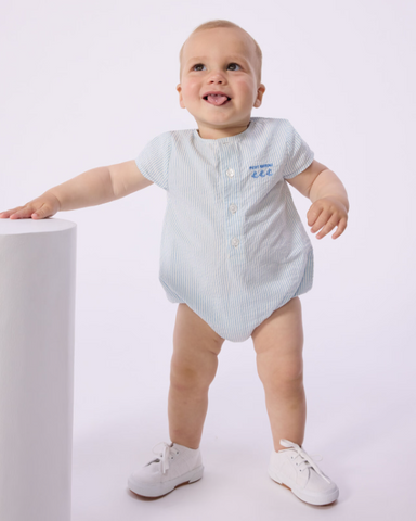 Short Sleeve Seersucker Stripe Romper in White + Blue