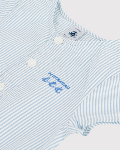 Short Sleeve Seersucker Stripe Romper in White + Blue
