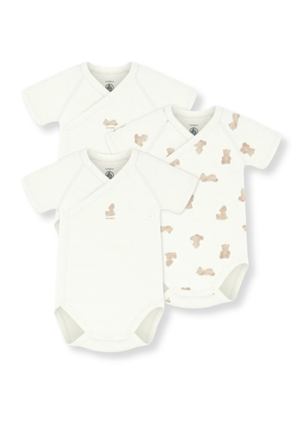 Teddy Bear Short Sleeve Crossover Bodysuit 3 Pack