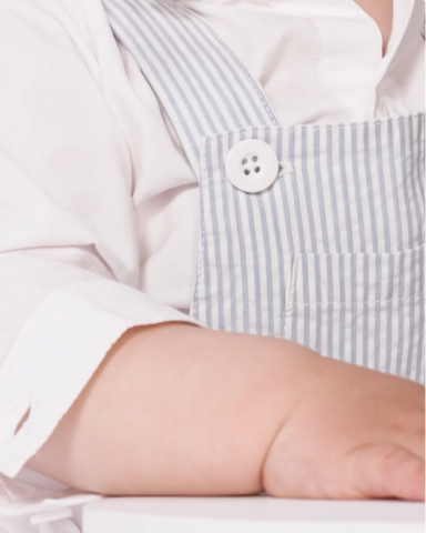 Seersucker Stripe Short Overalls in White + Blue