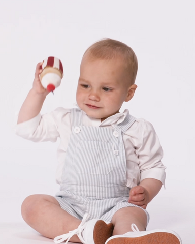 Seersucker Stripe Short Overalls in White + Blue