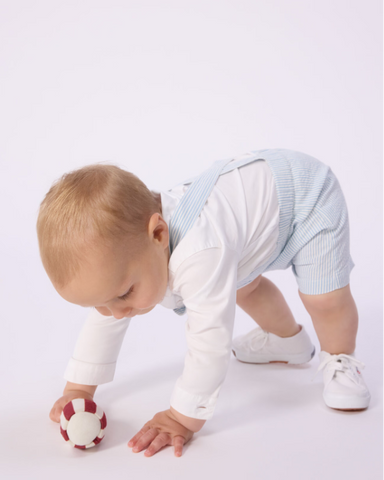 Seersucker Stripe Short Overalls in White + Blue