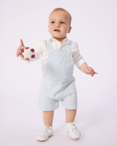 Seersucker Stripe Short Overalls in White + Blue