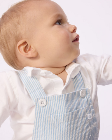 Seersucker Stripe Short Overalls in White + Blue