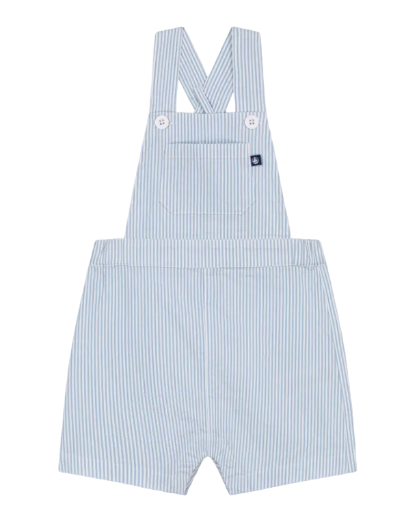 Seersucker Stripe Short Overalls in White + Blue