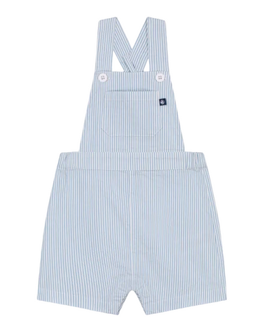 Seersucker Stripe Short Overalls in White + Blue