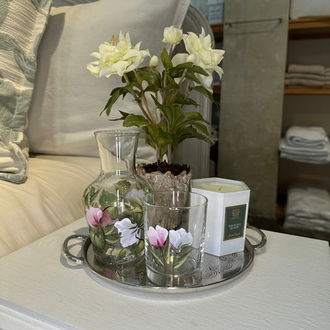 Hand Painted Sweet Pea Glass Carafe + Tumbler Set