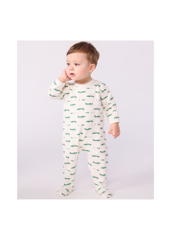 Crocodile Print Long Sleeve Brushed Fleece Back Snap Footie in White + Green