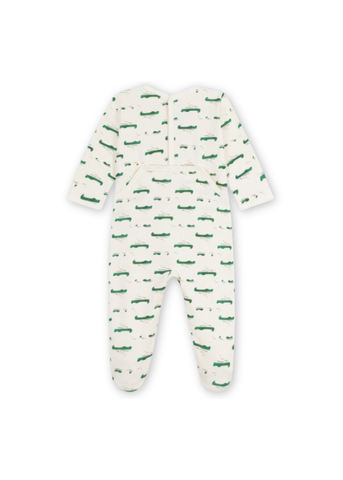 Crocodile Print Long Sleeve Brushed Fleece Back Snap Footie in White + Green