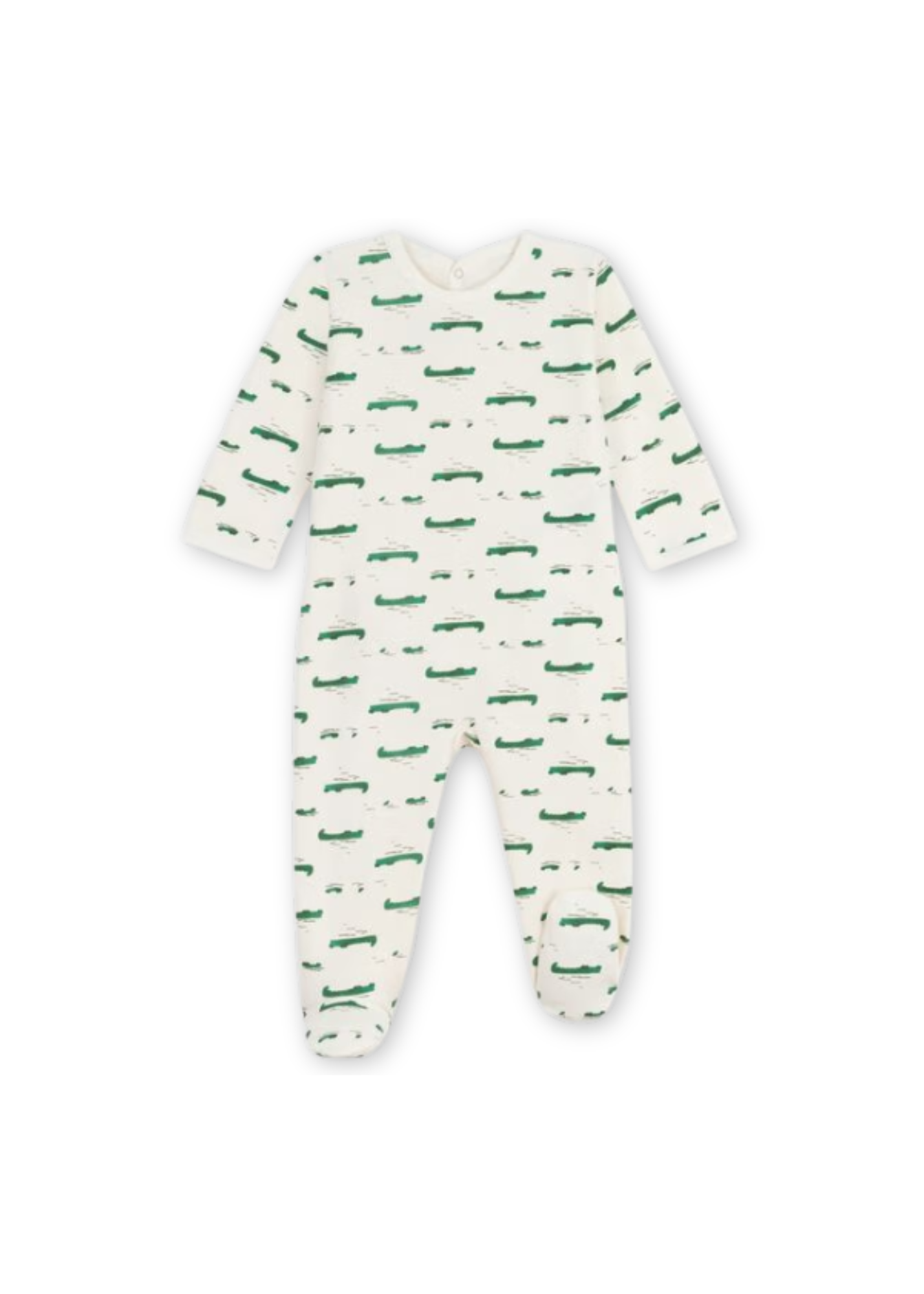 Crocodile Print Long Sleeve Brushed Fleece Back Snap Footie in White + Green