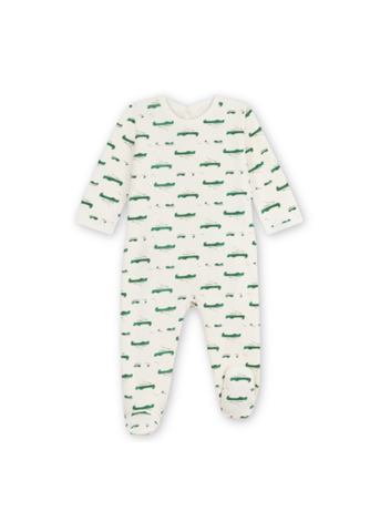 Crocodile Print Long Sleeve Brushed Fleece Back Snap Footie in White + Green