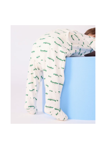 Crocodile Print Long Sleeve Brushed Fleece Back Snap Footie in White + Green