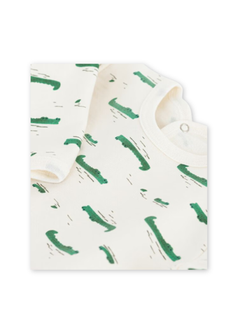 Crocodile Print Long Sleeve Brushed Fleece Back Snap Footie in White + Green