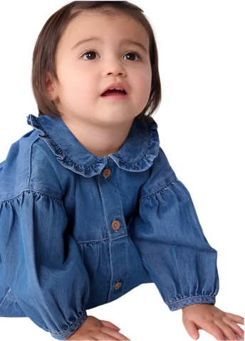 Collared Long Sleeve Chambray Dress with Pockets in Blue