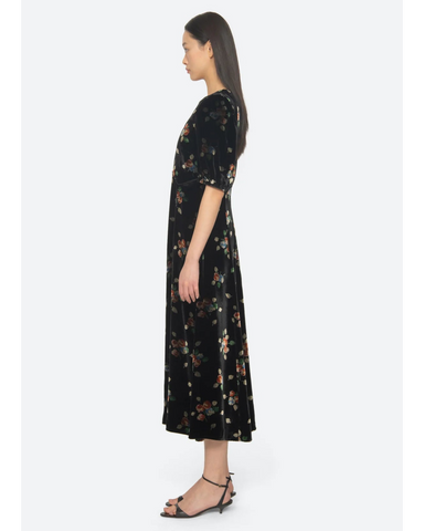 Leda Velvet Puff Sleeve Midi Dress In Black
