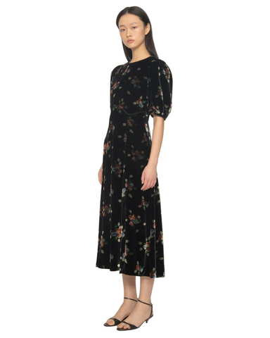 Leda Velvet Puff Sleeve Midi Dress In Black
