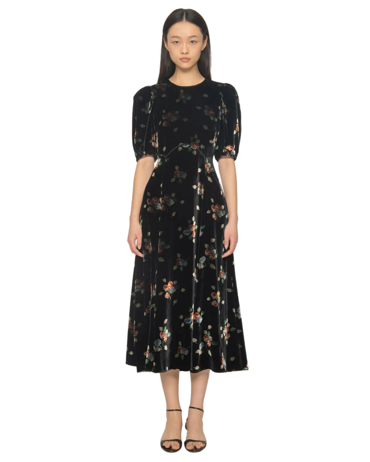 Leda Velvet Puff Sleeve Midi Dress In Black