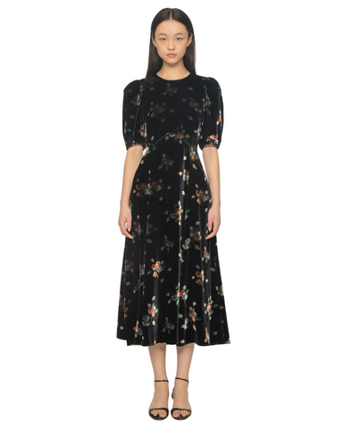 Leda Velvet Puff Sleeve Midi Dress In Black