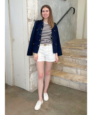 Alita Stripe Short Sleeve Kint Top in Ivory + Lapis