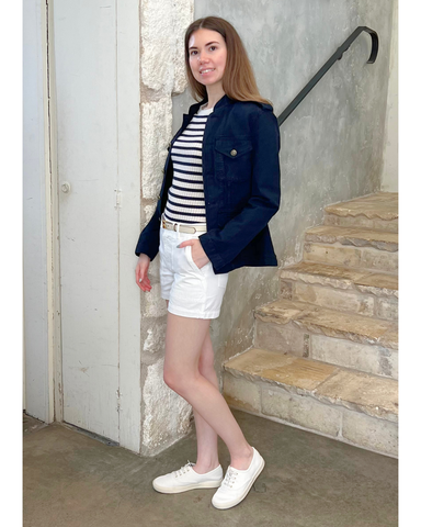 Alita Stripe Short Sleeve Kint Top in Ivory + Lapis