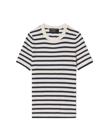 Alita Stripe Short Sleeve Kint Top in Ivory + Lapis