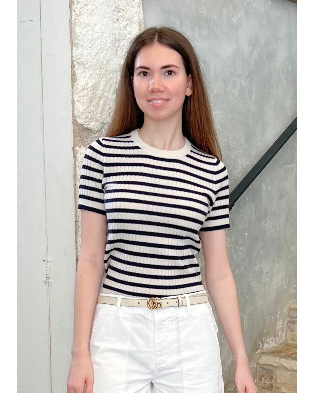Alita Stripe Short Sleeve Kint Top in Ivory + Lapis