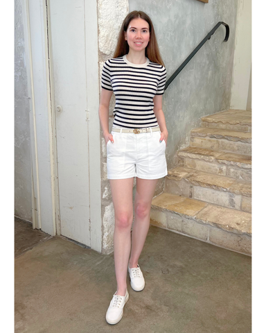 Alita Stripe Short Sleeve Kint Top in Ivory + Lapis