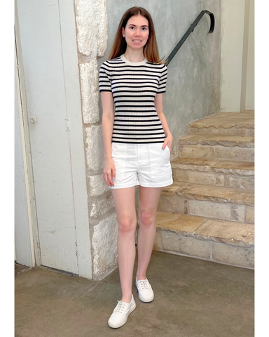 Alita Stripe Short Sleeve Kint Top in Ivory + Lapis