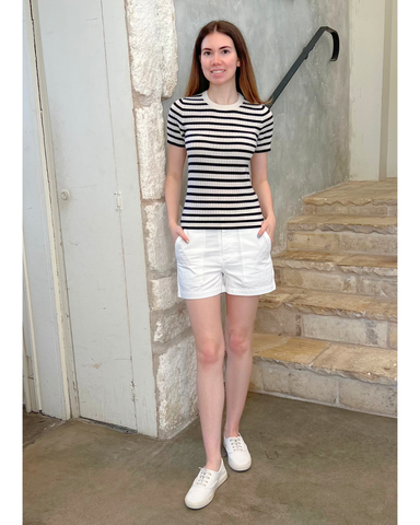 Alita Stripe Short Sleeve Kint Top in Ivory + Lapis